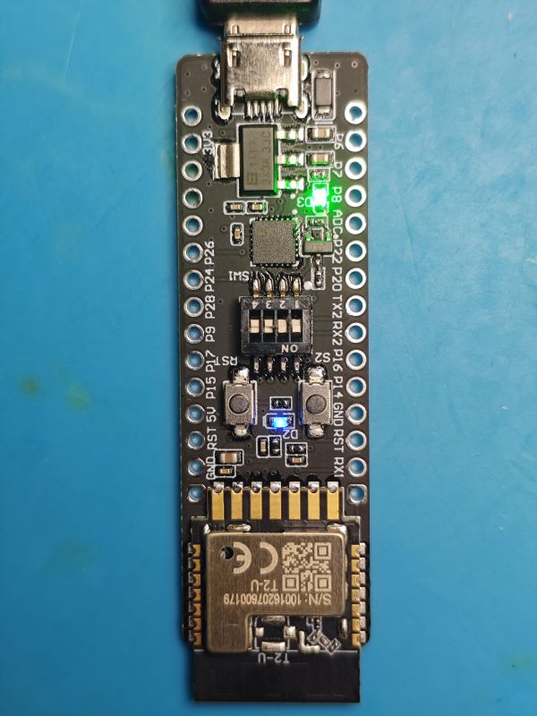TUYA BK7231N module with DIP switches, buttons, and status LEDs