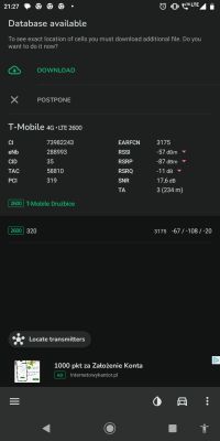 Zrzut ekranu z aplikacji NetMonster pokazujący parametry sieci LTE T-Mobile na paśmie 2600 MHz z lokalizacji Drużbice; widoczne są wskaźniki sygnału i informacje techniczne.