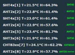 Screenshot listing temperature and humidity readings from multiple sensors on a black background