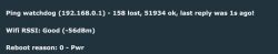 Screenshot of WiFi Diagnostic Message Screenshot with a diagnostic message about WiFi connection, including information on lost packets, signal strength, and reboot reason.