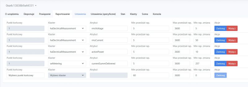 Screenshot of Zigbee reporting settings listing attributes with “Apply” and “Disable” buttons.