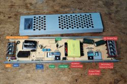 Internal view of a power supply with labeled fuse, transformer, capacitors, and AC/DC terminals.