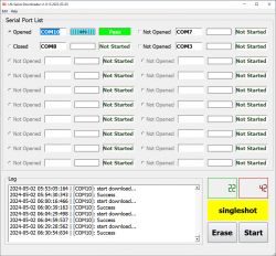 Screenshot of the LN-Serial-Downloader v1.9.13 software displaying a serial port list and log.