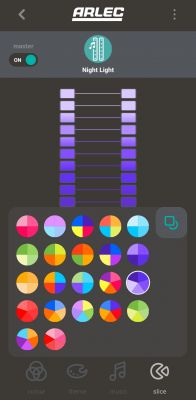 Arlec App Interface for RGB Light Strips Arlec app interface displaying color options and night mode for RGB light strips.