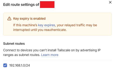 Tailscale routing settings window with selected 192.168.1.0/24 subnet route