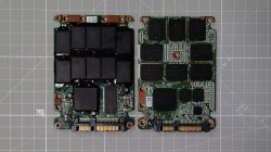 Two Intel SSD PCBs with memory chips and SATA connectors on a grid background.