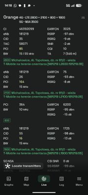 Zrzut ekranu NetMonster z parametrami Orange 4G/5G, pasma 2600/2100/800/1800 i wartości RSRP/RSRQ/SNR