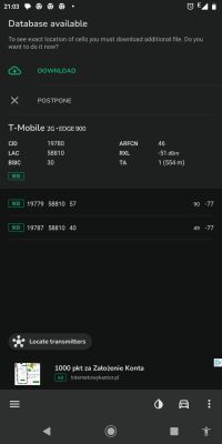 Zrzut ekranu z aplikacji NetMonster przedstawiający szczegóły sygnału T-Mobile 2G na paśmie 900 MHz.