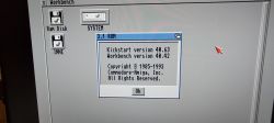 Amiga-Systembildschirm mit Informationen zu Kickstart- und Workbench-Versionen, angezeigt im 3.1 ROM-Dialogfenster.