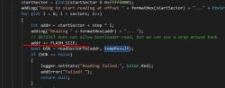 A fragment of source code in C#, with the line addr + FLASH_SIZE; highlighted.