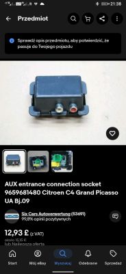 Gniazdo wejścia AUX z dwoma złączami RCA (czerwonym i białym), przeznaczone do Citroëna C4 Grand Picasso.