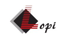 Logo firmy Lopi z czarnym rombem i stylizowaną literą „L” w czerwono-czarnych paskach