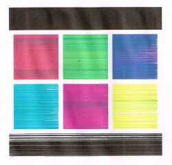 Test print from Brother MFC-J430W printer with uneven and broken colors.