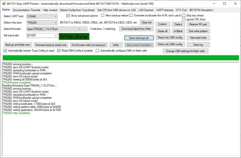 Screenshot of BK7231 Easy UART Flasher showing “Write done” and a TR6260 flashing log