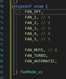 A snippet of C code showing an enum definition for fan operating modes.