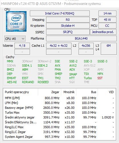 System Information HWiNFO64 for Intel Core i7-6700HQ Screenshot from HWiNFO64 showing details of the Intel Core i7-6700HQ processor.