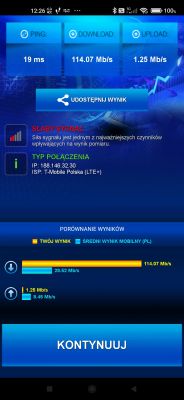 Ekran testu prędkości Internetu z wynikami pobierania i wysyłania