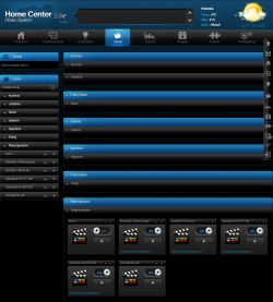 Fibaro Home Center interface showing scene settings for lighting and shutters.