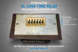 Advertisement for VL-3494 time relay with product image and feature list