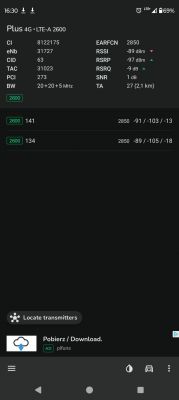 Zrzut ekranu z aplikacji do testowania sieci komórkowej, pokazujący dane dotyczące sygnału 4G LTE operatora Plus.