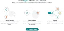 How to Create a Trigger in Arduino Cloud Screenshot showing a three-step process to create a trigger in Arduino Cloud: create a condition, choose an action, confirm the trigger.