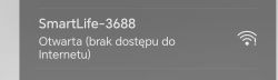 Napis „SmartLife-3688” z informacją „Otwarta (brak dostępu do Internetu)” oraz ikona Wi-Fi z wykrzyknikiem.