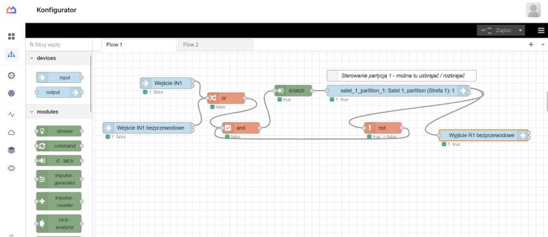 Diagram logiki przepływu sygnałów automatyki domowej w edytorze konfiguracyjnym