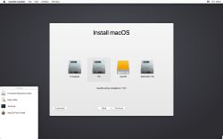 Okno instalacyjne macOS z listą dostępnych dysków do instalacji.