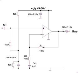 Schemat wzmacniacza operacyjnego z LM741 zasilanego napięciem 9–30V