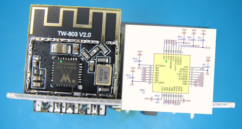TW-803 V2.0 module with W800 chip and partial pinout schematic visible