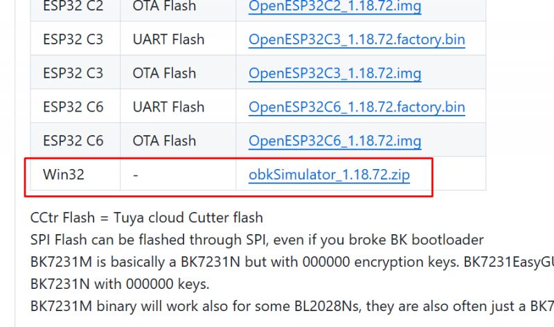 Screenshot einer GitHub-Seite mit einer Liste herunterladbarer Dateien, mit einem hervorgehobenen Link zum Herunterladen von obkSimulator_1.18.72.zip für Windows.