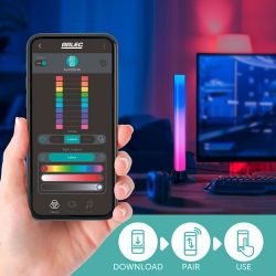 Controlling Arlec Grid Connect Lights with an App A person holding a phone with a control app for Arlec Grid Connect Smart Desktop Bar Lights in the background.