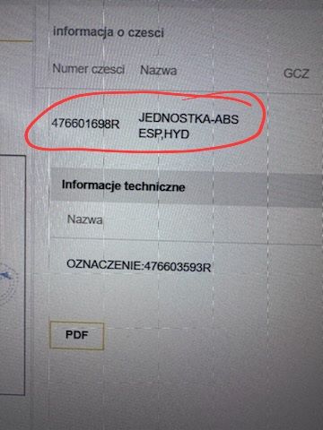 Zrzut ekranu z części samochodowych z oznaczeniem JEDNOSTKA-ABS ESP,HYD i numerem części 476601698R.