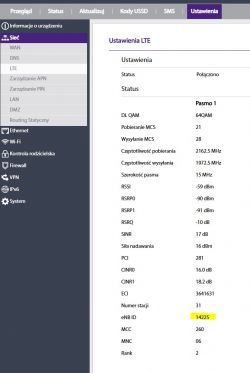 Zrzut ekranu z ustawień LTE w panelu administracyjnym modemu.