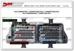 Bosch ME17.5.20 ECU connector with labeled CAN, power, ground, and GPT signal pins.