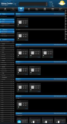 Fibaro home management system interface displaying options for controlling blinds and lighting.