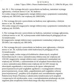 Zrzut ekranu z tekstem ustawy Prawo budowlane, art. 29 o magazynach energii i PV
