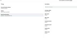 Arduino Cloud Dashboard – Cookie Alarm Setup Screenshot of Arduino Cloud panel showing project selection and a list of variables for setting up a trigger.