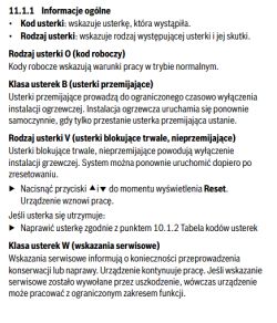 Strona instrukcji z opisem kodów usterek kotła Buderus, klasyfikacją i skutkami błędów.