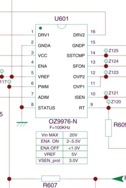 Wyjście ISEN na pinie 10 układu OZ9976-N w schemacie drivera LED