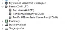 Zrzut ekranu z Menedżera urządzeń systemu Windows pokazujący sekcję portów i urządzeń.