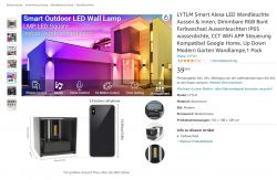 Advertisement for an LED lamp with smartphone and voice assistant control features, showcasing colorful home lighting.