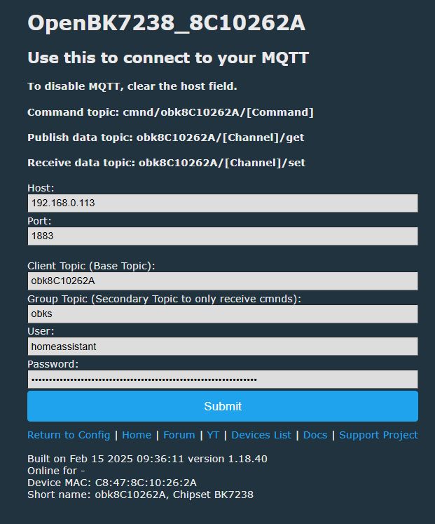 MQTT Configuration for OpenBK7238_8C10262A MQTT configuration panel for OpenBK7238_8C10262A device