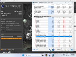 Zrzut ekranu z Cinebench R15 i HWiNFO pokazujący wyniki CPU i temperatury rdzeni Intel Core Ultra 7 255U
