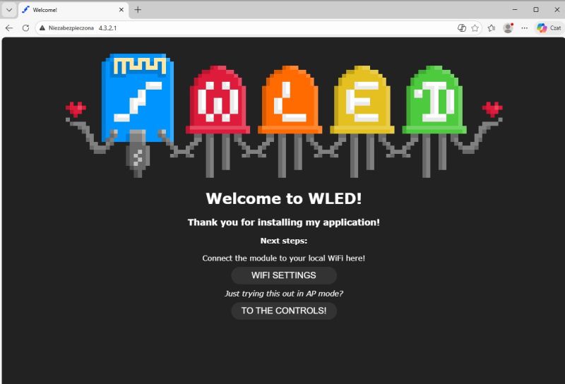 Browser window showing “Welcome to WLED!” page with Wi‑Fi settings and controls buttons