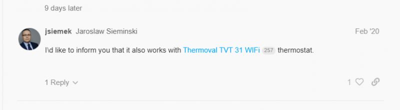 Screenshot from a forum showing a user's comment about the compatibility of Thermoval TVT 31 WiFi with Home Assistant.