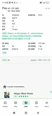 Zrzut ekranu z aplikacji pokazujący parametry sieci 4G i 5G Play w miejscowości Zblewo