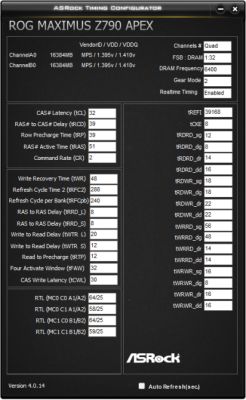 Zrzut ekranu z programu ASRock Timing Configurator z ustawieniami RAM DDR5.