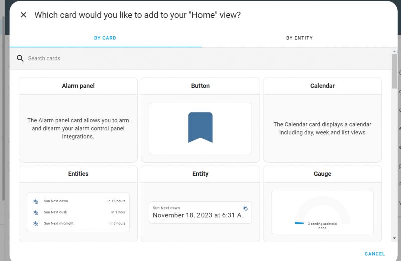 Selecting the Button Card in Home Assistant Interface for adding cards in Home Assistant with the Button option selected.