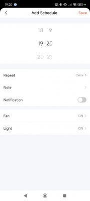 App schedule setting screen with time selection and options to turn on fan and light.